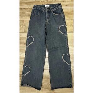 Angel Kiss Baggy Wide Leg Heart Details Women's Size 00/23 Denim Jeans